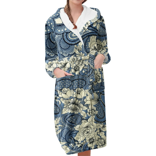 Women's Fleece Plush Robe Long Warm Plush Bathrobe Loungewear Jacket Printed Comfort Robe