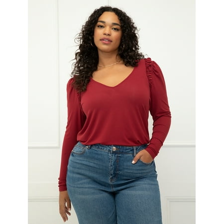 ELOQUII Elements Women's Plus Size Puff Sleeve Tee with Ruffles