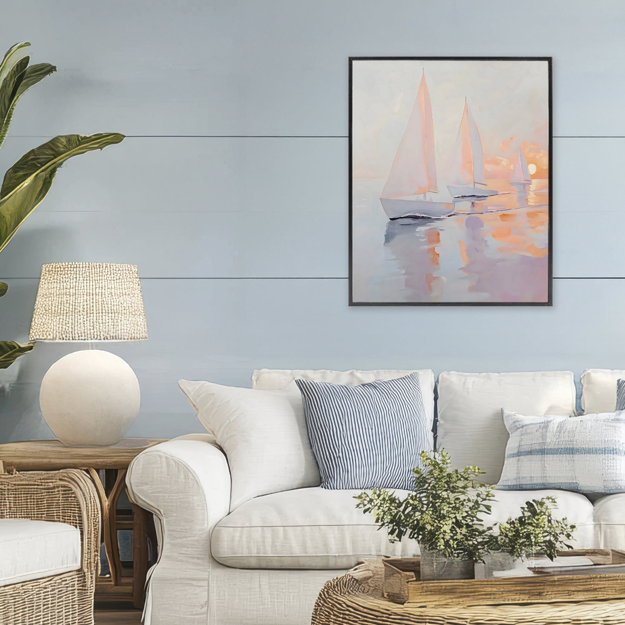 Stupell Industries Peach Sunset Sailboats on Sea Black Framed Giclee Art, design by Creative Studio