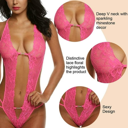 

YDKZYMD Hot Pink Lingerie for Women Sexy Sexy Mesh Babydoll Deep V Neck Teddy Snap Crotch Lace Bodysuit One Piece Lingerie L