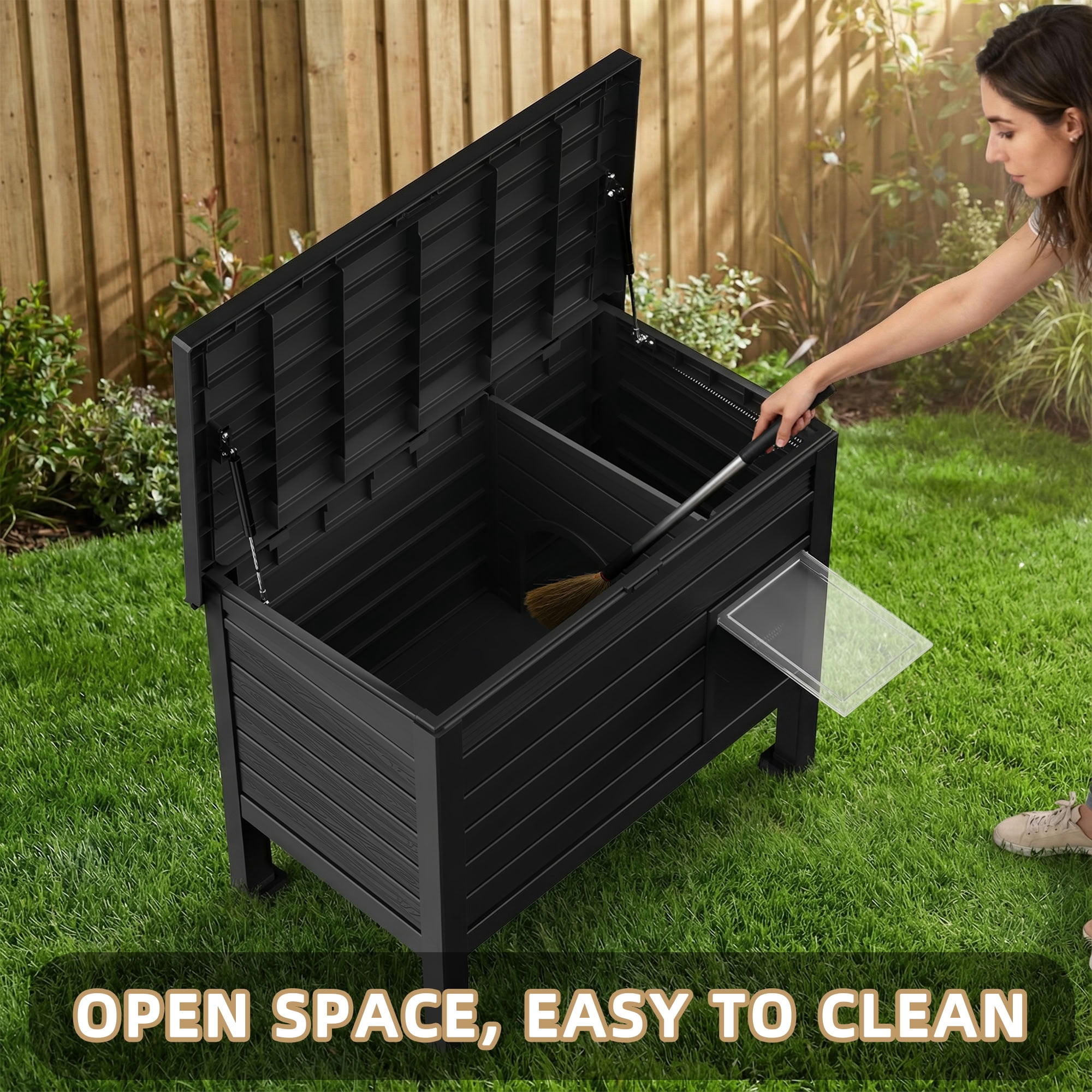 MAYEERTY Indoor & Outdoor Cat House, Gas Strut Top Cover Ventilated Pet Retreat with Removable Divider
