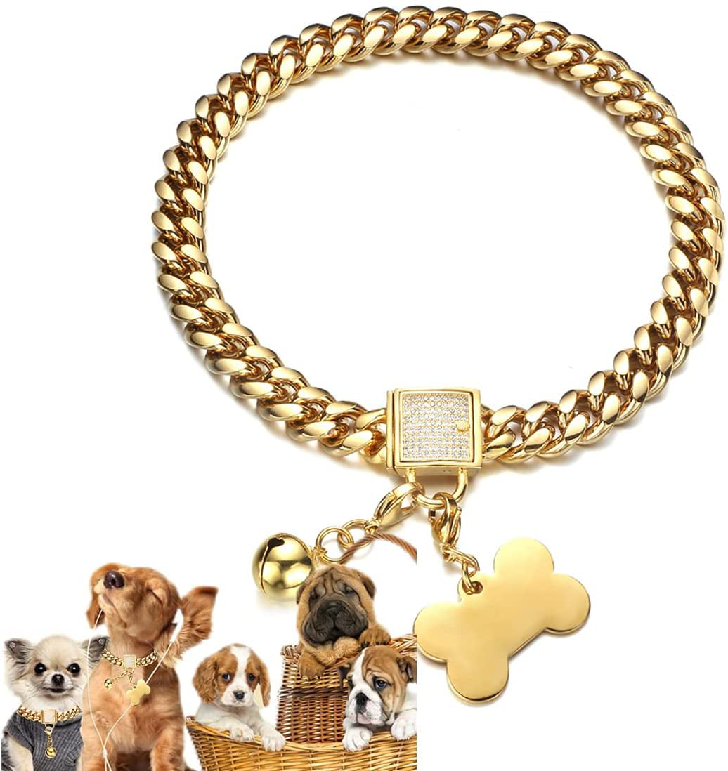 PRADOG Gold Chain Dog Collar Designer Dog Bling Cuban Link Collar with Zirconia Locking 19mm Luxury Dog Chain Necklace 20 Fits Neck 18 to 19.5 12 to 26in