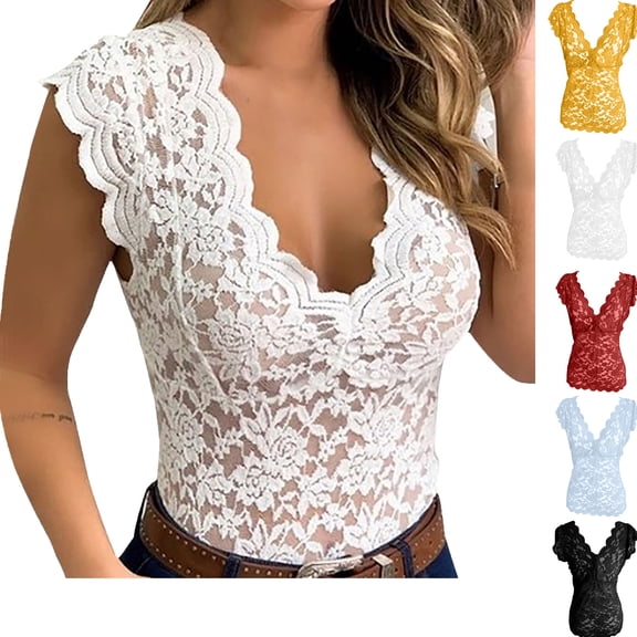 Admvng Tank Tops For Women Slim Solid Lace V-Neck Sleeveless Top S-3XL