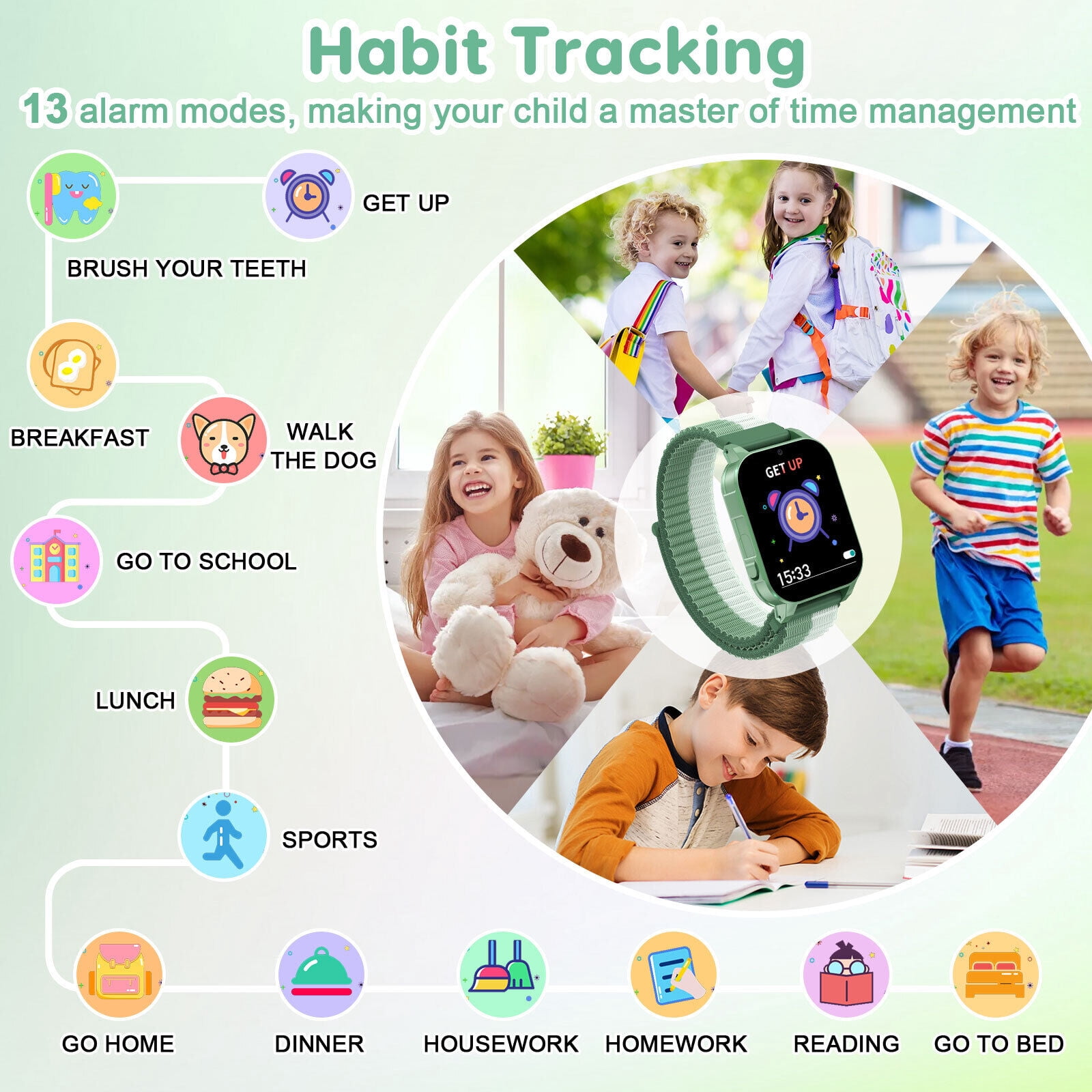 TOPCHANCES Kids Smart Watch for Boys Girls, Touch Screen Smartwatch with 30 Games, 140 Learning Cards, Storytelling, Camera, Video, Music Player, Pedometer (Green)