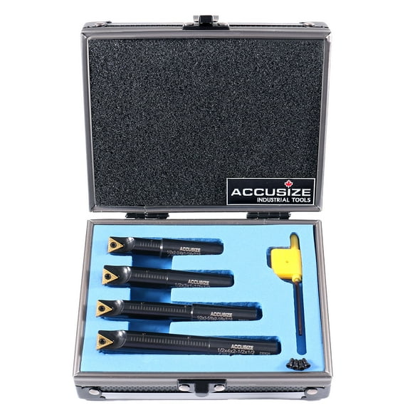 Accusize 4 Pc 1/2'' Round Shank Indexable Boring Bar Set with Tcmt21.50 Carbide Inserts, 90 Degree, 2627-9104