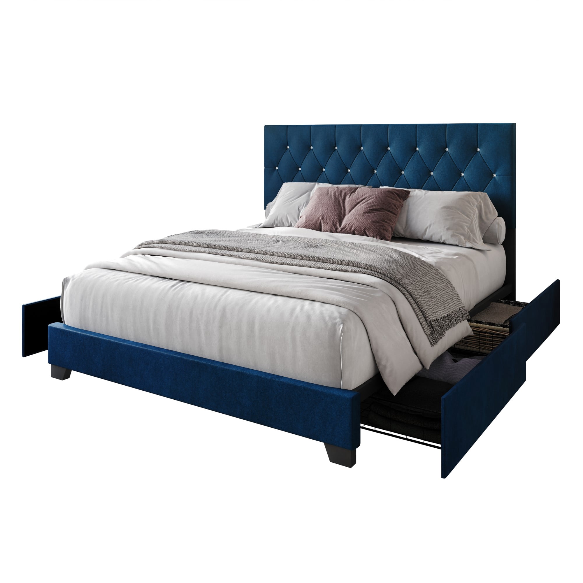 Home Design Sheffield King Tufted Upholstered Storage Platform Bed Frame with Diamond Button-Tufted Headboard and Four Under-Drawers, Blue, Easy Assembly