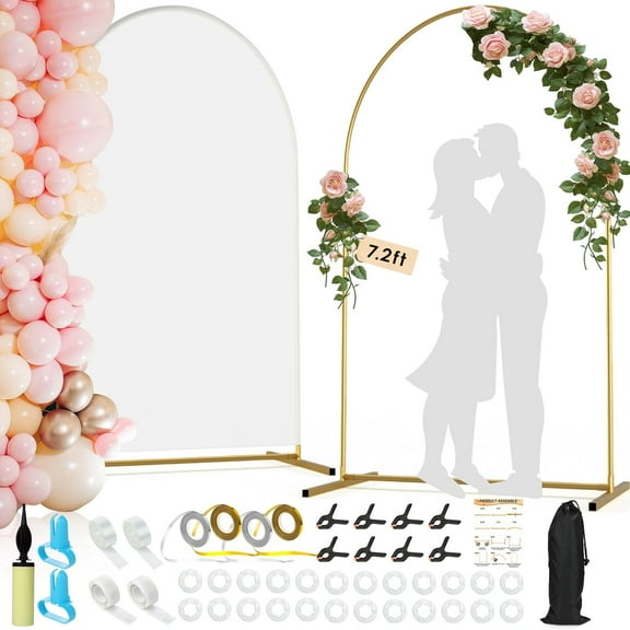 Arch Backdrop Stand and Cover Set|7.2ft Wedding Metal Arch Stand with Spandex Fitted Backdrop Cover|Gold Balloon Arched Frame White Arch Cover for Birthday Party Baby Shower Graduation Ceremony Decor