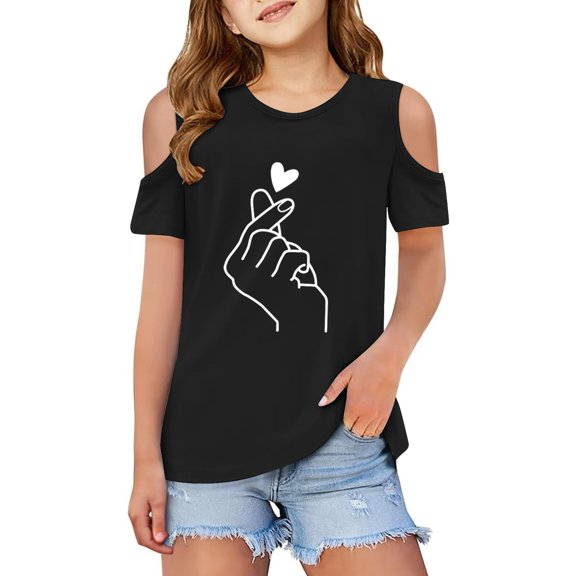 NAFUU Girls T Shirts Finger Heart Graphic T-Shirts Off Shoulder Short Sleeve O-Neck Blouse For Children Daily Wear Soft Girl Summer Tops 3-4 Years