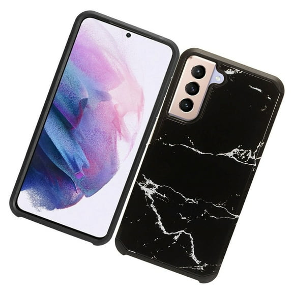 Case for Samsung Galaxy S21 FE Stylish Design Marble Armor Dual Layer 2 in 1 Hard Shockproof TPU Hybrid Cover for Galaxy S21 Fan Edition by Xcell - Marble Black