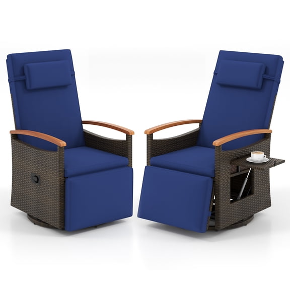 Gymax 2PCS Outdoor 360° Swivel Rattan Recliner Chair Patio Wicker Chaise Lounge Chair Navy