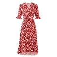 thumbnail image 4 of Summer Dress Saving! Dresses for Women Knee-length Casual Print Dress V-Neck Short Sleeve Loose Dress Red S, 4 of 5