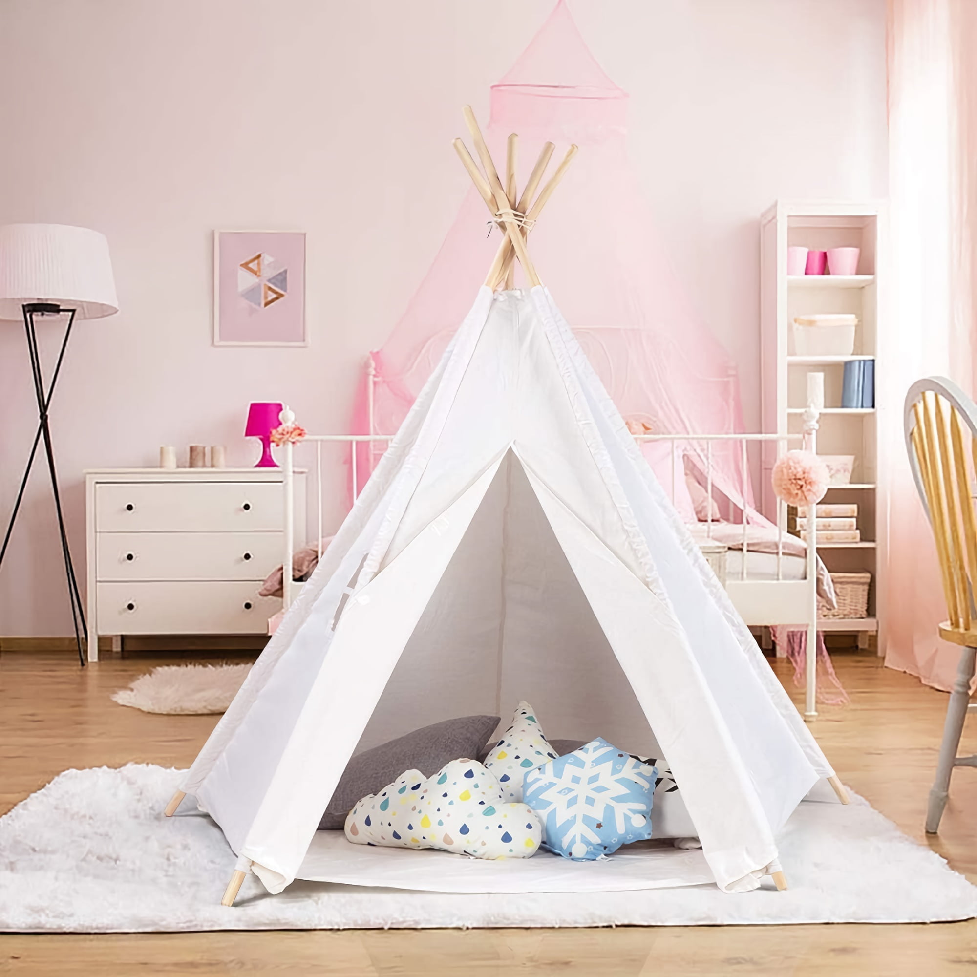 Kids Play Teepee Tent Foldable Canvas Playhouse with Windows, Indoor  Outdoor, White, 119 x 156 cm