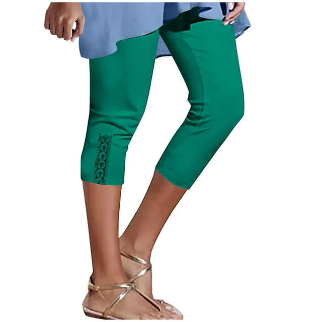 Leggings pour Femmes, Pantalons Raccourcis pour Femmes avec Dentelle, Couleur Unie, Sport Décontracté, Pantalons Raccourcis Ajustés