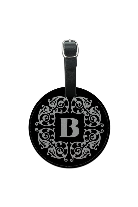 Letter B Initial Black White Scrolls Round Leather Luggage ID Bag Tag Suitcase