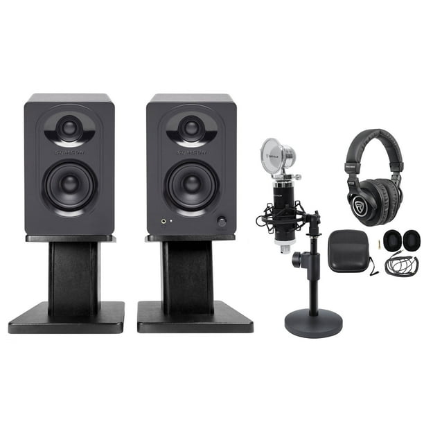 SAMSON Studio Monitors+Desk Stands+Recording Mic+Headphones 4 Podcast  Podcasting 