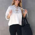 thumbnail image 3 of Sudadera holgada de manga larga para mujer, con tirantes cruzados, medio hueco, suéter irregular para mujer, Tops cortos, albaricoque M, 3 of 6