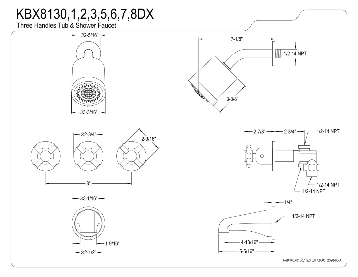 Kingston Brass KBX8133DX Concord Three-Handle Tub and Shower Faucet, Antique Brass