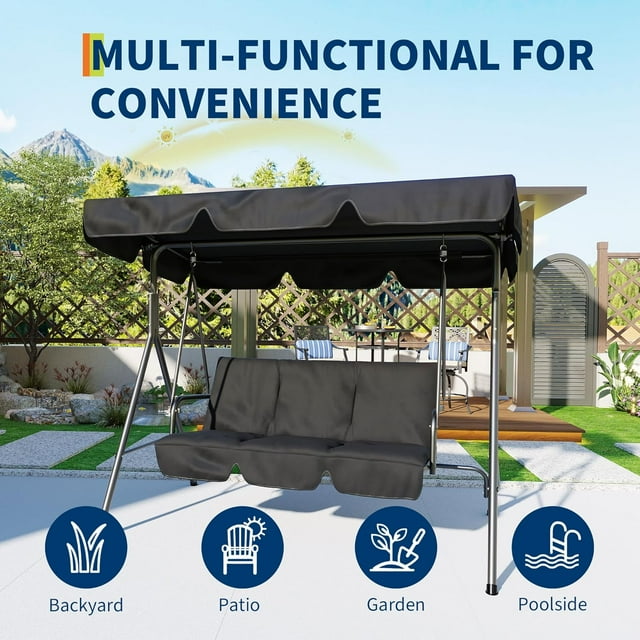 3-Person Outdoor Swing Chair with Adjustable Waterproof Canopy – Heavy-Duty Steel Frame, Armrests, Breathable Textilene Seat for Porch, Garden, Backyard, Balcony – Grey