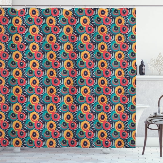 Abstract Shower Curtain, Vibrant Color Jumbling Uneven Design Pieces as Doodled Circles Spots and Curls, Fabric Bathroom Set with Hooks, 69W X 70L Inches, Multicolor, by Ambesonne