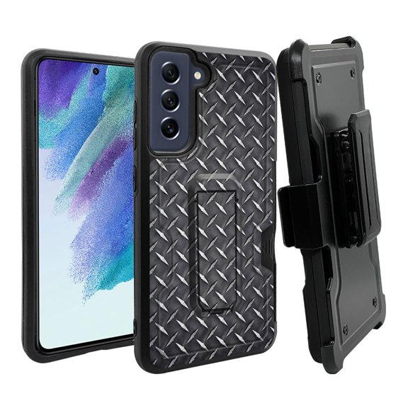 ANJ  Rugged Dual Layer Hybrid Holster Kickstand Case w/ Card Slot   Tempered Glass Cover for Samsung Galaxy S21 FE 5G - Black Steel Plate
