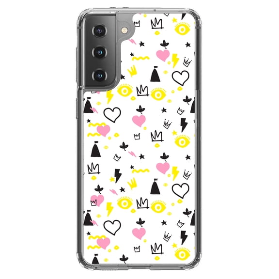 DistinctInk Clear Shockproof Hybrid Case for Galaxy S21  PLUS 5G (6.7" Screen) - TPU Bumper, Acrylic Back, Tempered Glass Screen Protector - Girl Power - Crown Hearts Castle Pink Yellow