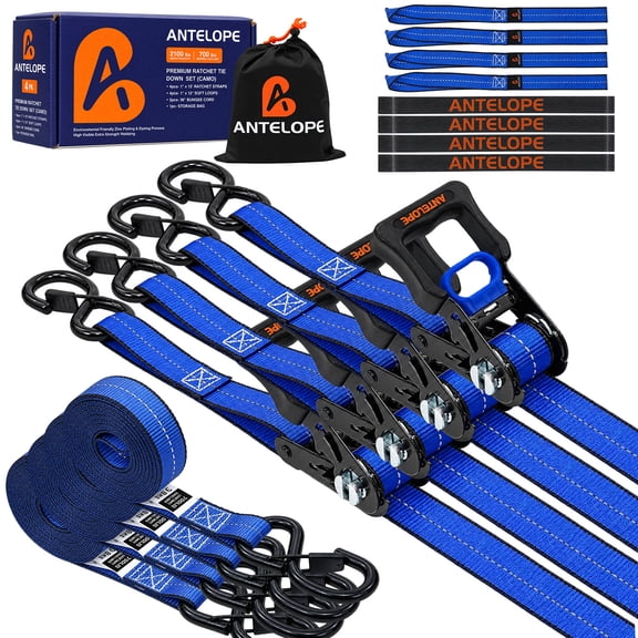 Ratchet Tie-Down Straps ANTELOPE, Ratchet straps 1" x 15', 2100LBS Break Strength, Safety Lock S-Hooks, Blue 4-Pack