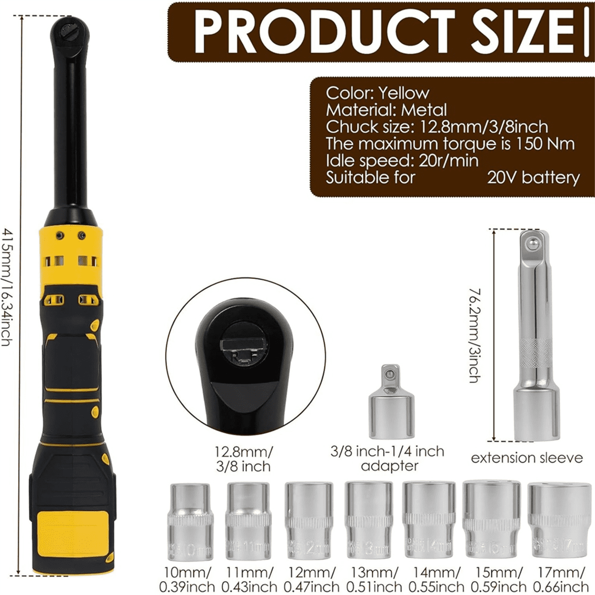 Cordless Ratchet Wrench Set, 3/8In-20V 110Ft Electric Variable Speed Ratchet Wrench with 7 Sockets,Extended Ratchet Tool