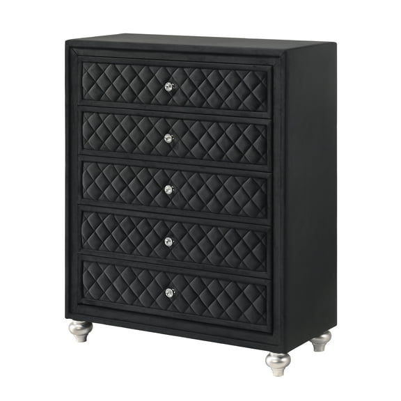Miekor Furniture 1pc Traditional Glam 5-Drawer Chest Velvet Tufted Drawer Front Faux Crystal Drawer Knobs Black 22736