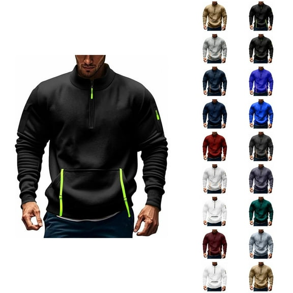 Sweatshirts for Men Fall Winter Long Sleeve Lined Half Zipper Stand Collar Sweatshirt with Pockets Pullover