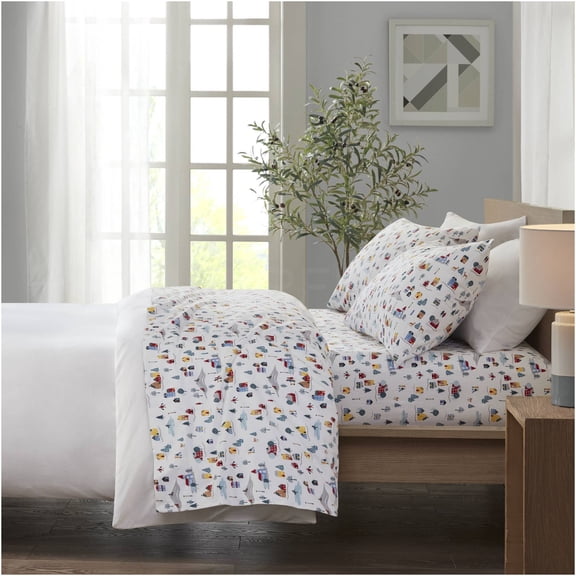 JERFIT King Size Flannel Sheet Set 4-Piece, 100% Cotton Printed Bedding with Fitted Sheet, Flat Sheet & 2 Pillowcases, Ultra Soft Multicolor Village Design