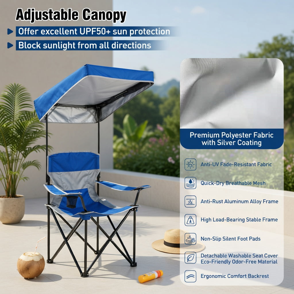 Hommoo Double Beach Chair with Adjustable UPF50+ Canopy, 3-Side Roll-Up Shade Curtains, Built-in Cooler Bag & Mesh Ventilation, Navy