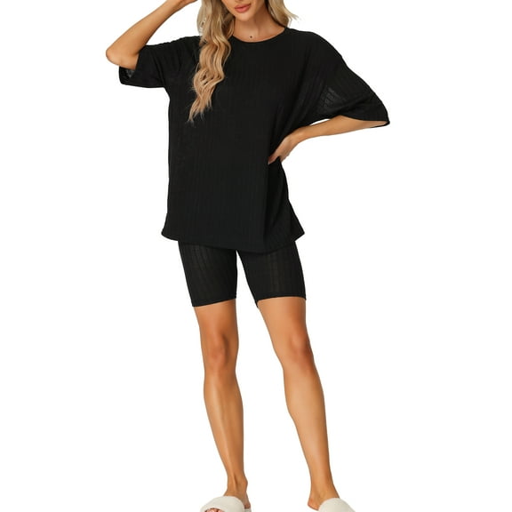 INSPIRE CHIC Women's Ribbed Knit Soft Tracksuit Short Sleeve Sweatshirt Set Shorts Loungewear Sleepwear M Black
