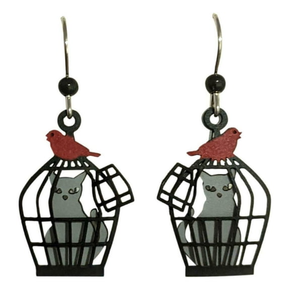 CAT IN CAGE with RED BIRD Earrings, Sterling Silver Plated, Sienna Sky