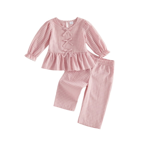 RUINIXCW 2Pcs Toddler Girl Fall Outfit Puff Long Sleeve Crew Neck Plaid Print Bow Decor Tops and Elastic Waist Pants Set