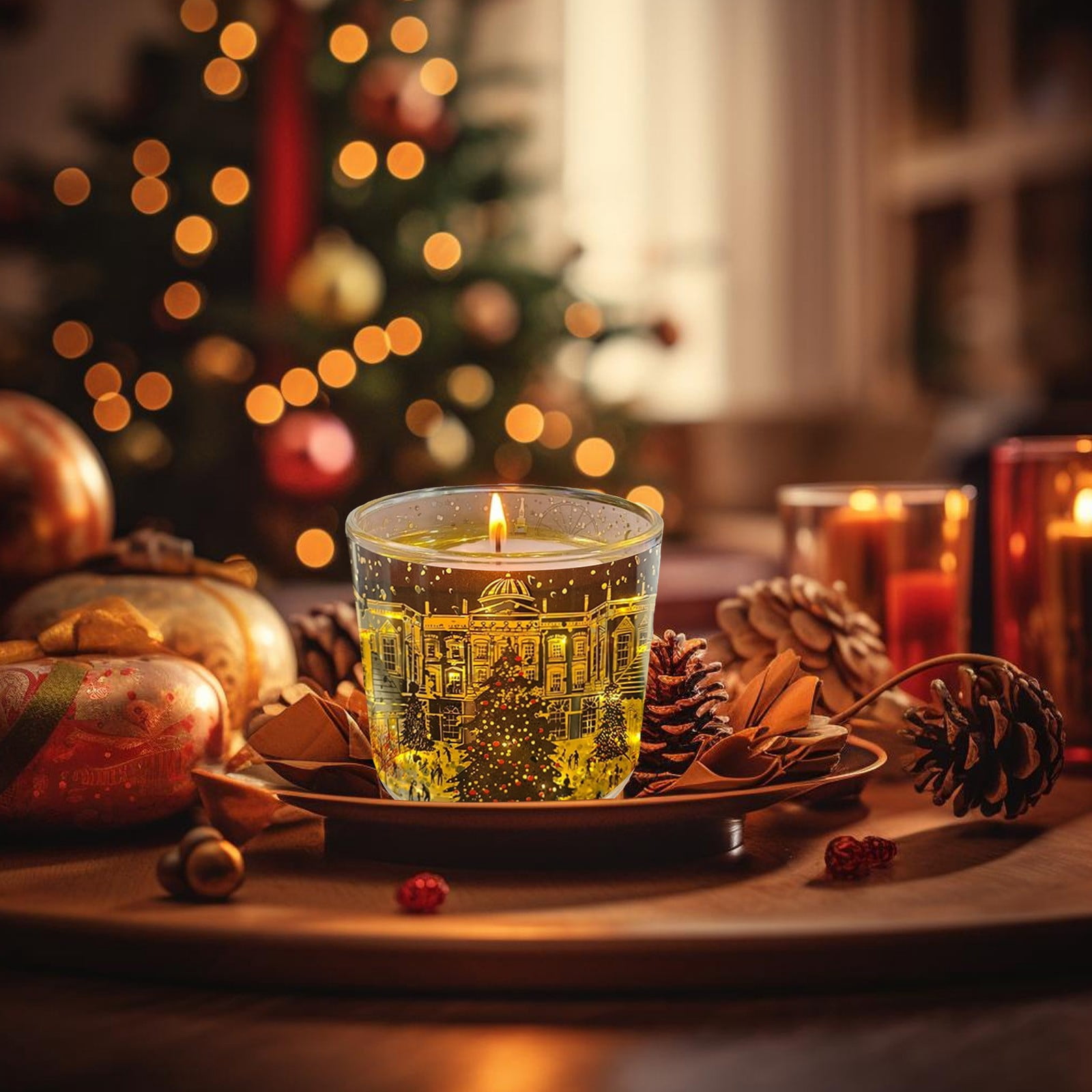 Hometravel Christmas Scented Candle Gift, Glass Jar with Light Sensor and Heat Reactive Wax, London Street Design for Home, Xmas Tree, Women's Present