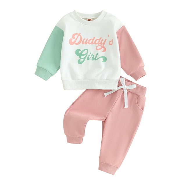 ZAXARRA Tenues d'Automne pour Bébés Filles Imprimé Lettre Col Rond Contraste Couleur Chandails en Molleton Manches Longues Pantalons Longs Ensemble 2 Pcs