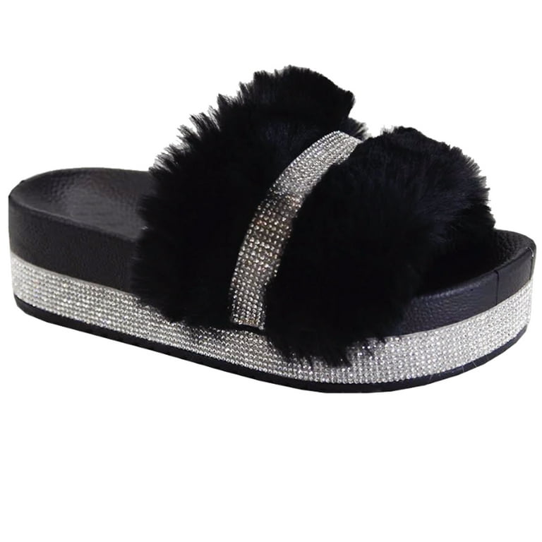SNJ New Women s Faux Fur Rhinestone Platform Slide Crystal Mid