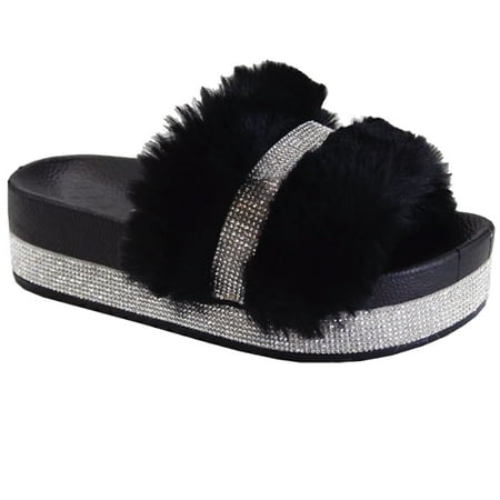 

SNJ New Women s Faux Fur Rhinestone Platform Slide Crystal Mid Heel Slipper Sandal