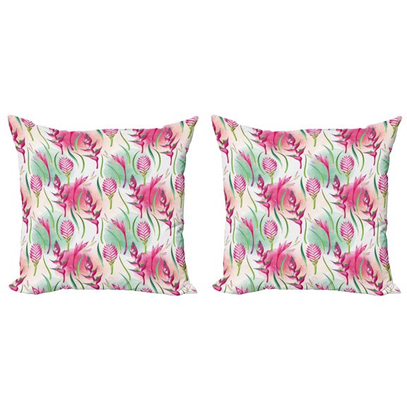 Ambesonne Exotic Throw Pillow Cover 2 Pack, Tropic Flowers Paint Blots, 24", Magenta Fern Green