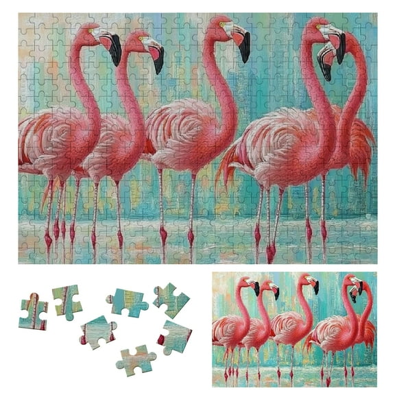 Patifu Wooden Jigsaw Puzzle Flamingos Beach City Relaxation Challenge Gift for Family Friends 300 PCS