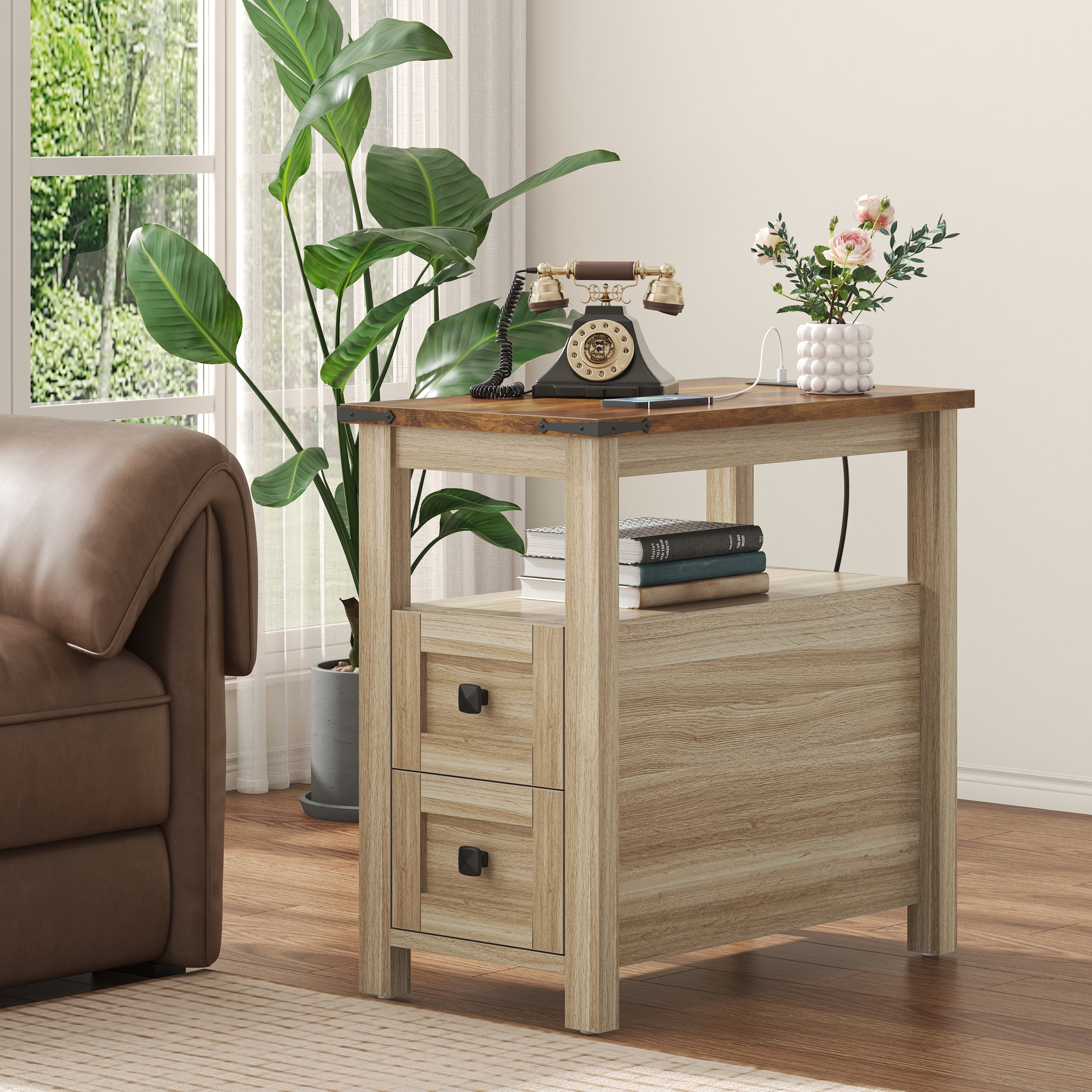 VVFLU Farmhouse End Table with Charging Station, Oak Nightstand Narrow, Skinny Slim Small, Bedroom