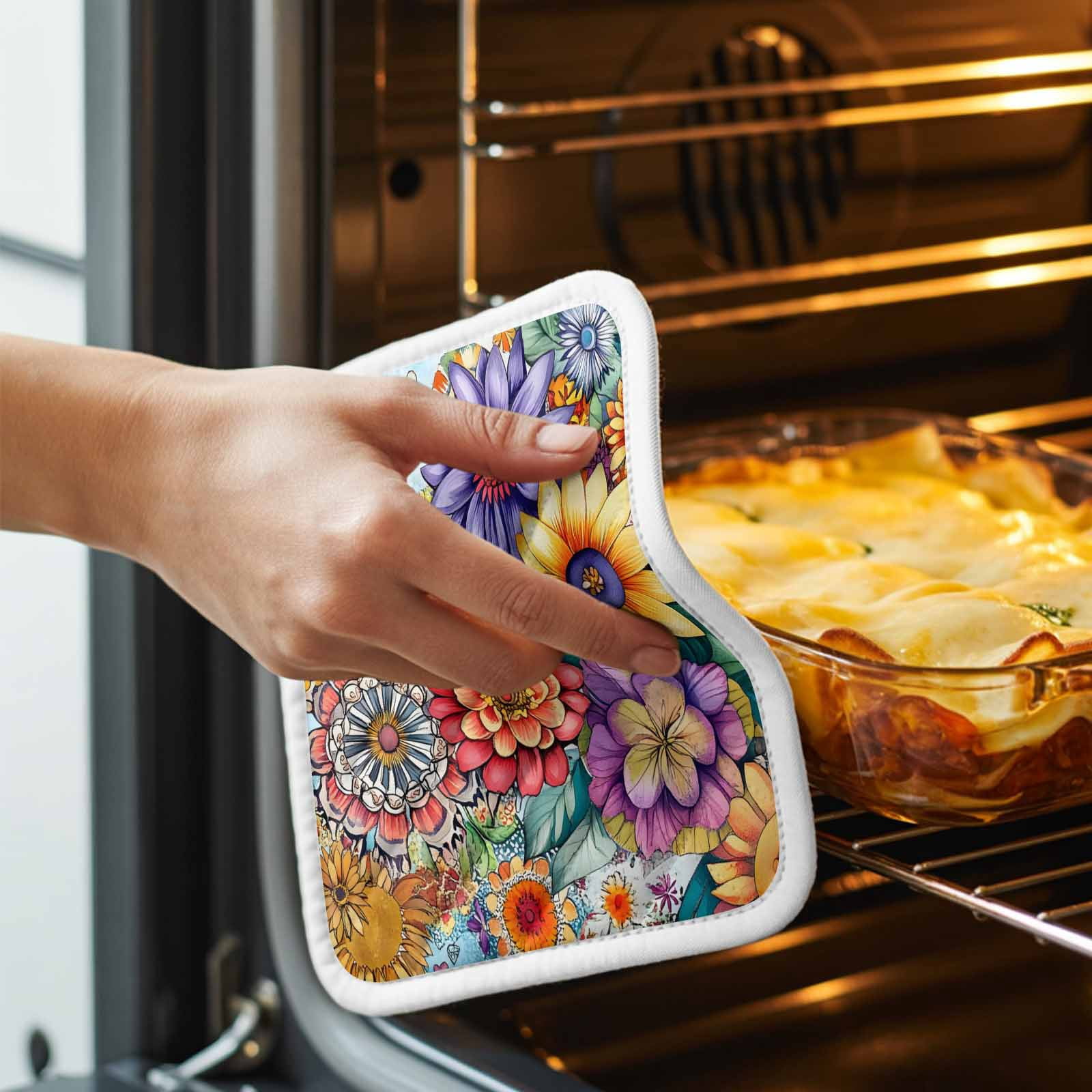 Boho Flowers Pot Holders for Kitchen Heatproof Potholder, 5 Pack Bohemia Ethnic Floral Colorful Floral Hot Pads Multipurpose Oven Pads Cloth Potholders Trivet for Cooking Baking