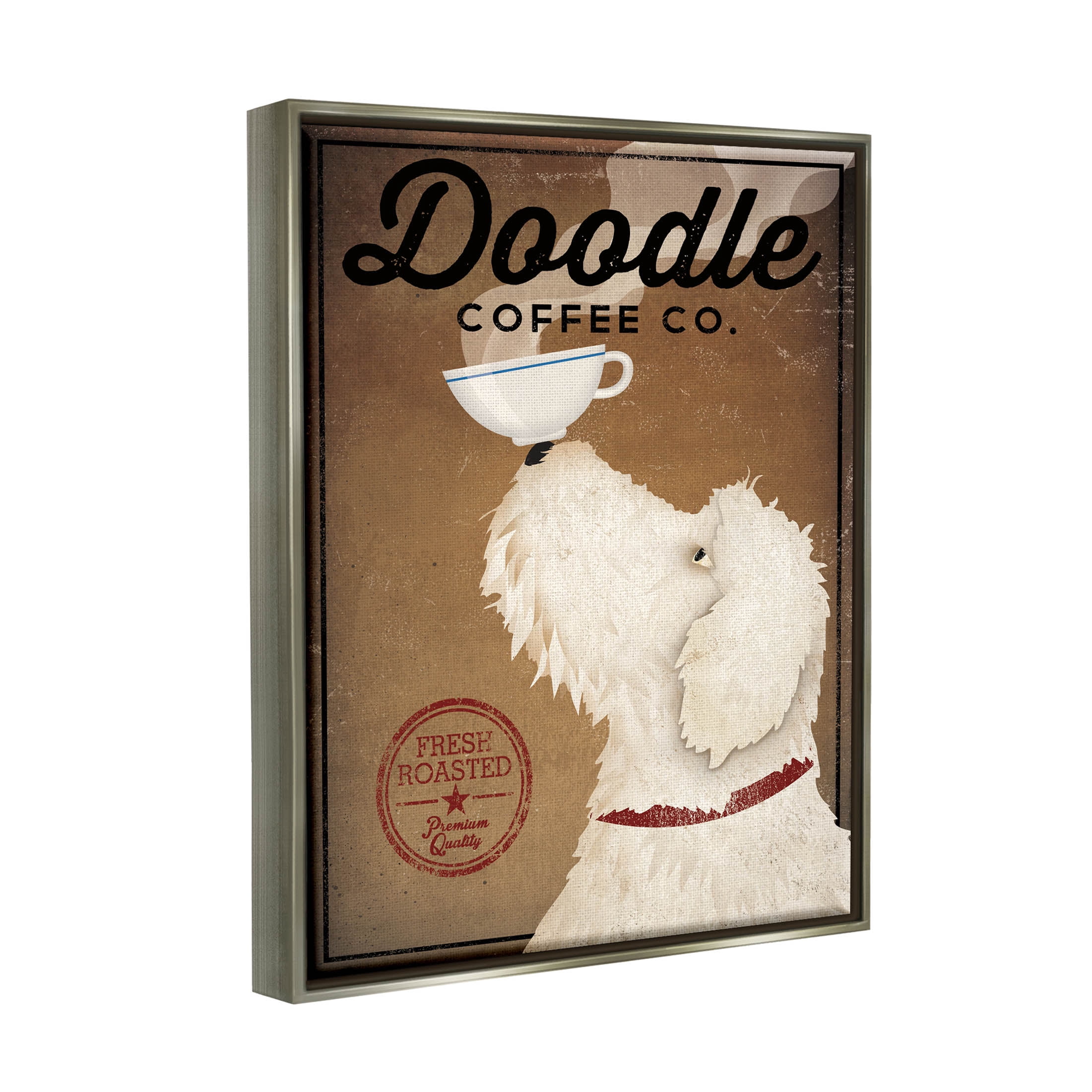 Stupell Industries Vintage Doodle Coffee Dog Sign Graphic Art Luster Gray Floating Framed Canvas Print Wall Art, Design by Ryan Fowler