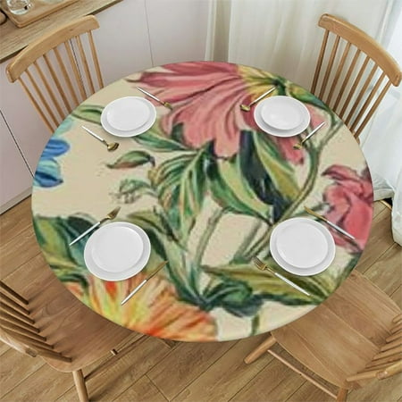 

Sheronv Flowers Leaves Floral Pattern Round Tablecloth Stain-Resistant Washable 100% Polyester Table Cover for Home Kitchen Outdoor Decoration 54 -58
