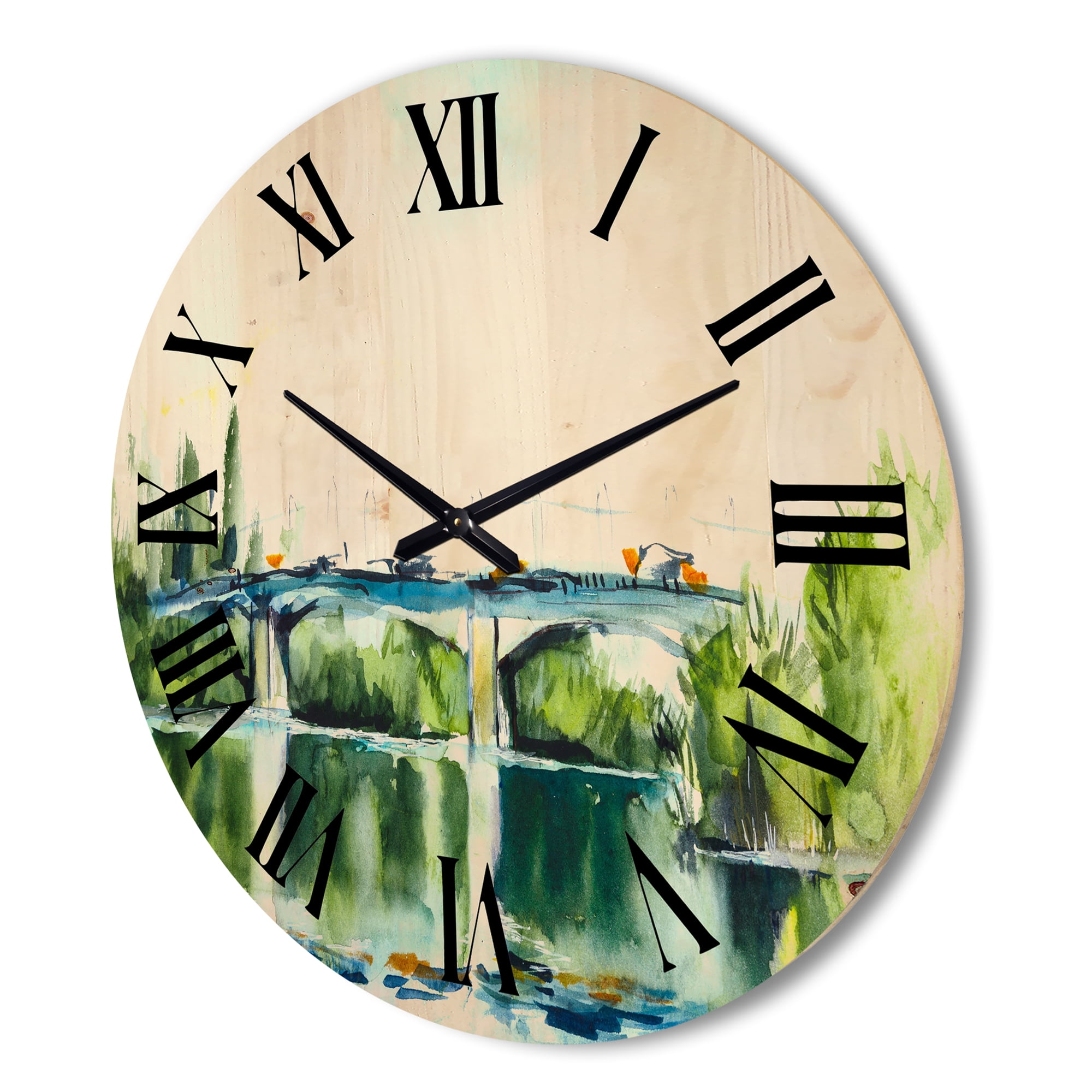 Designart 'Landscape With Old Bridge Over River In The Countryside' Traditional Wood Wall Clock