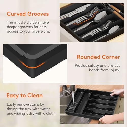 Silverware Drawer Organizer Tray, Plastic Cutlery Storage for Kitchen, Flatware and Utensil Holder Divider for Spoons Forks Knives Tableware, 12.3 x 16", 7 Slots, Black