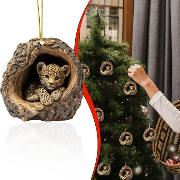 Animal Christmas Ornaments,1PCS Handmade Cute Animal Christmas Hangings Pendant Ornament 2D Acrylic Xmas Tree Decor,Woodland Christmas Ornaments - Leopard