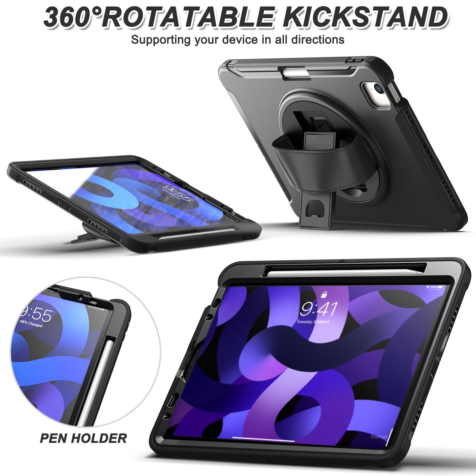 For iPad Air 11 Inch 2026/2025/2024 Case with Pencil Holder, Military Grade Shockproof Kickstand Handle Strap Anti-Scratch Kids Friendly Bumper Tablet Case Cover for Apple iPad Air 11" M4 M3 M2