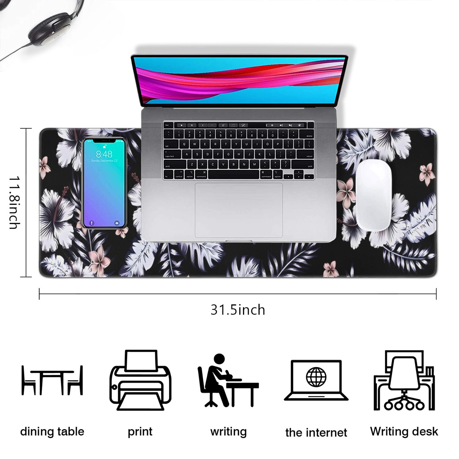 Long Mouse Pads for Desk,Pioneer Flower Floral Print Pattern Desk Mats on Top Of Desks, Desk Mouse Pad Extra Large with 3mm Non-Slip Base and Stitched Edge for Gaming,Office,Work,Home 31.5"x11.8"
