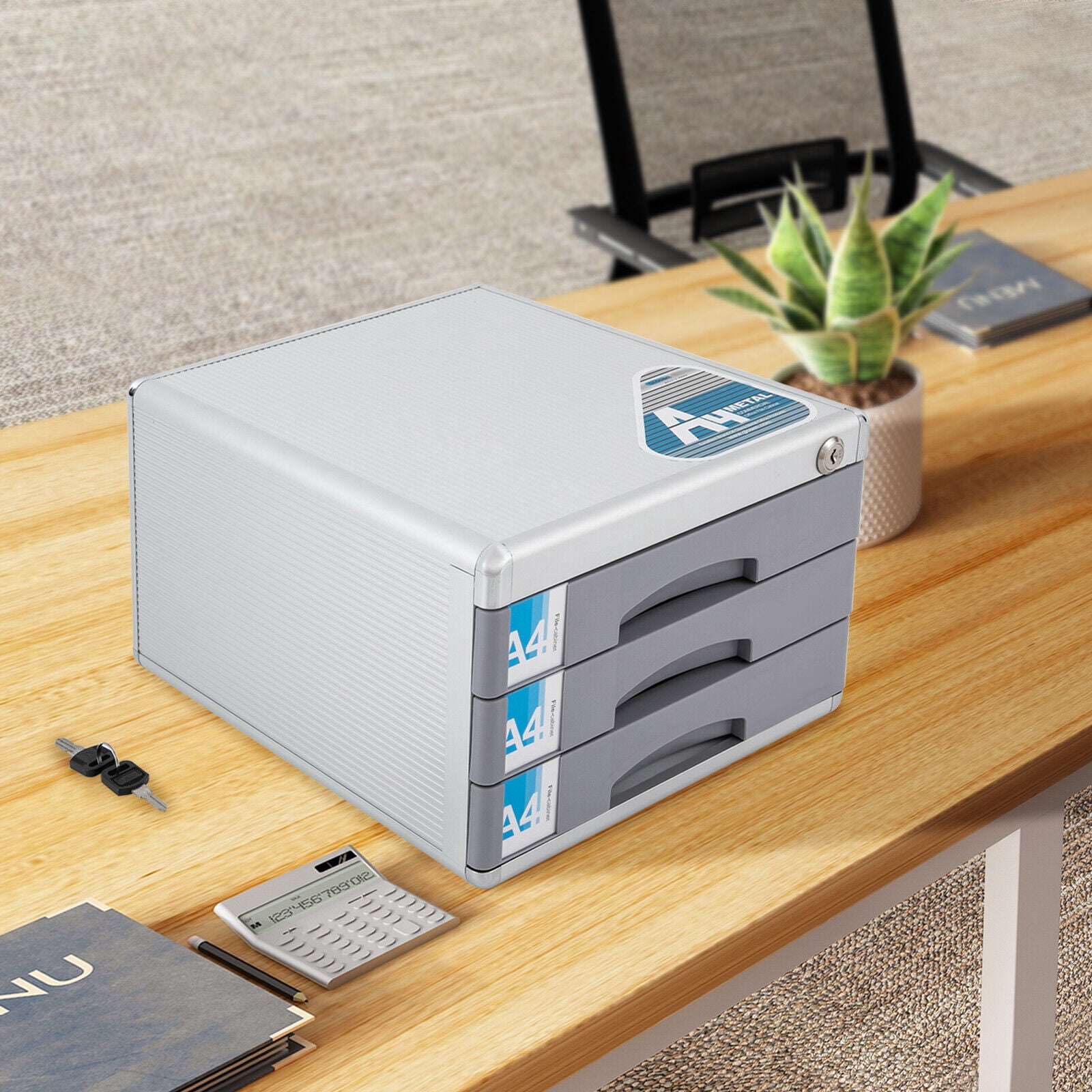 3 Tiers Desktop Drawer Organizer, Aluminum Alloy File Organizer, Lockable Drawer